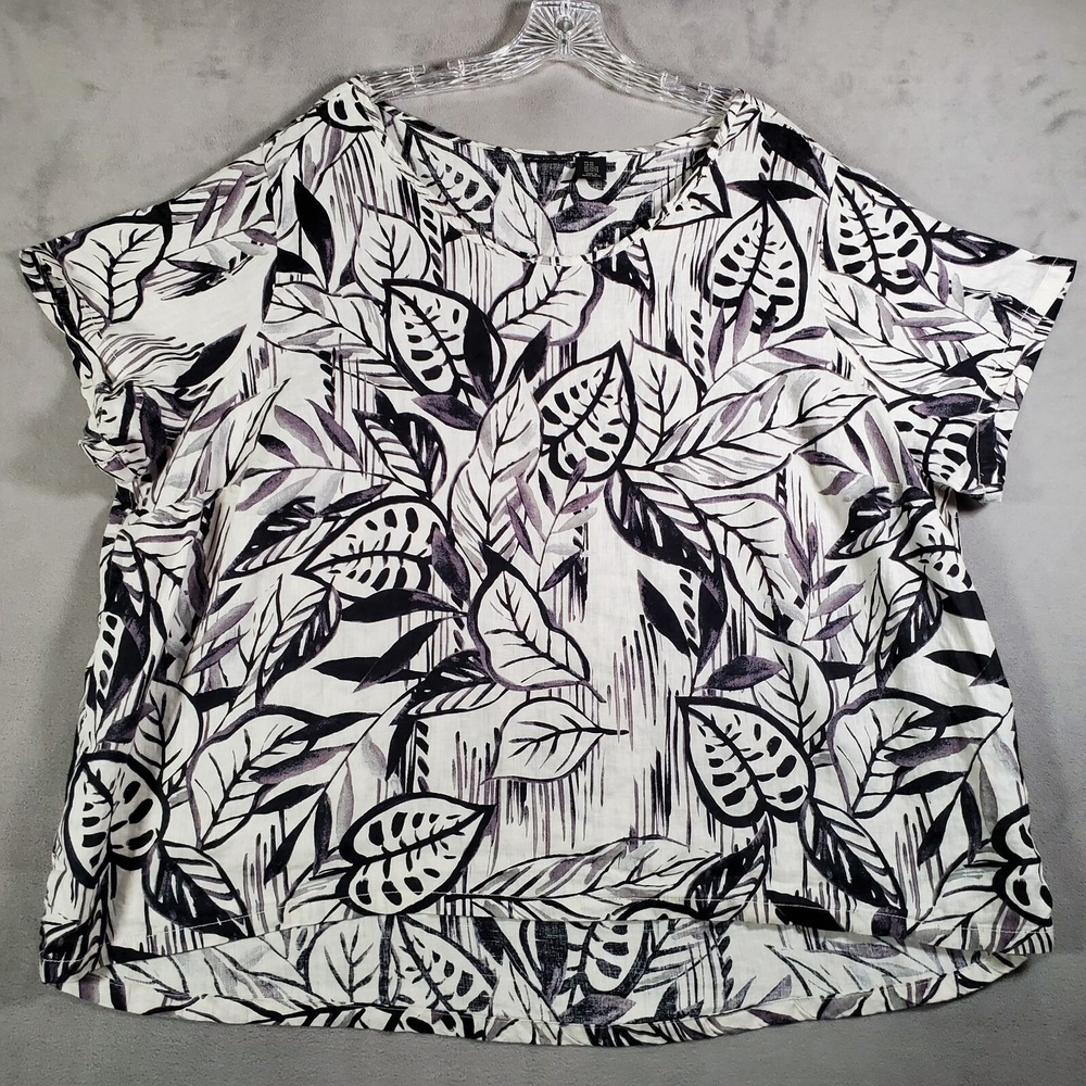 Tahari Top Womens 3X White Black Leaves Linen Short Sleeve Artsy Beachy Tropical